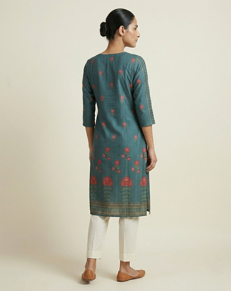 Teal "Heritage" Floral Print Cotton Straight Kurta