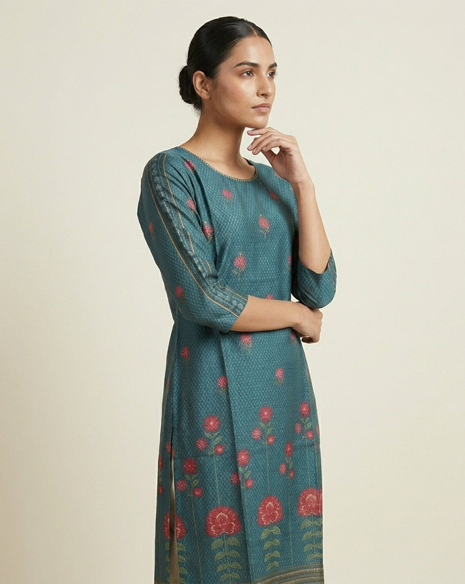 Teal "Heritage" Floral Print Cotton Straight Kurta