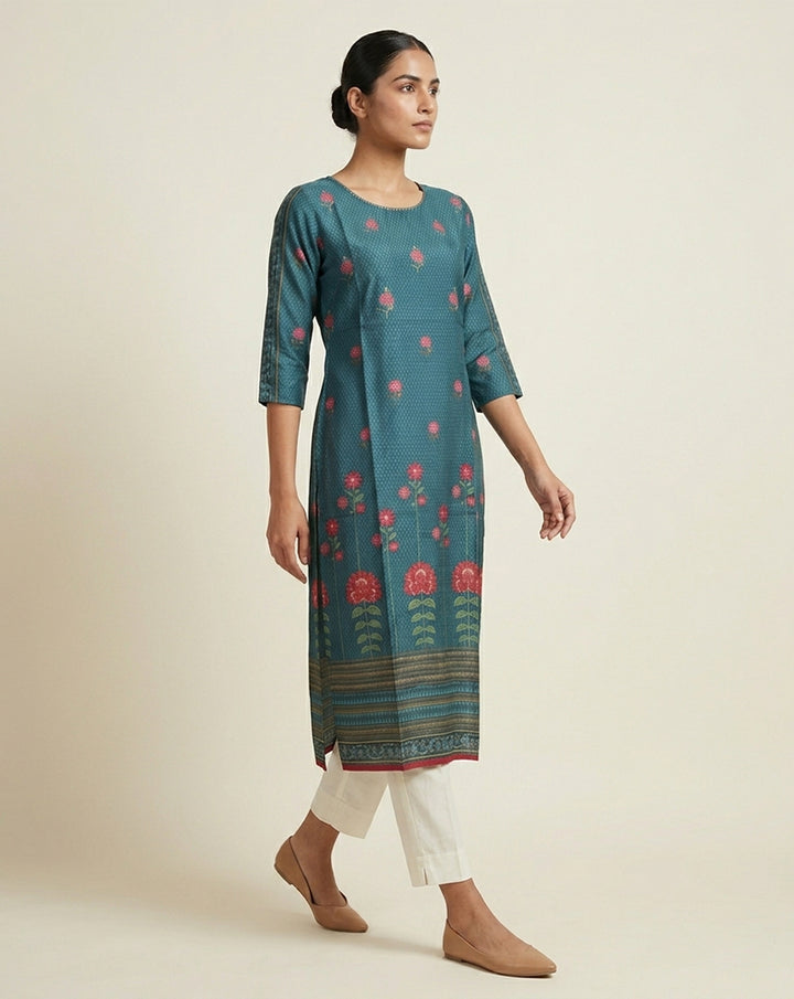Teal "Heritage" Floral Print Cotton Straight Kurta
