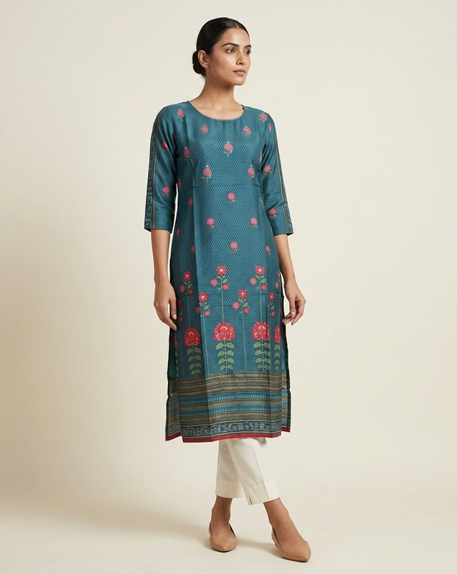 Teal "Heritage" Floral Print Cotton Straight Kurta