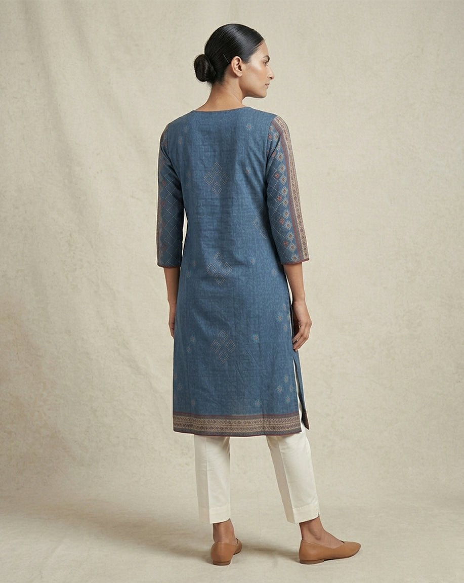 Blue "Azure" Geometric Print Cotton Straight Kurta