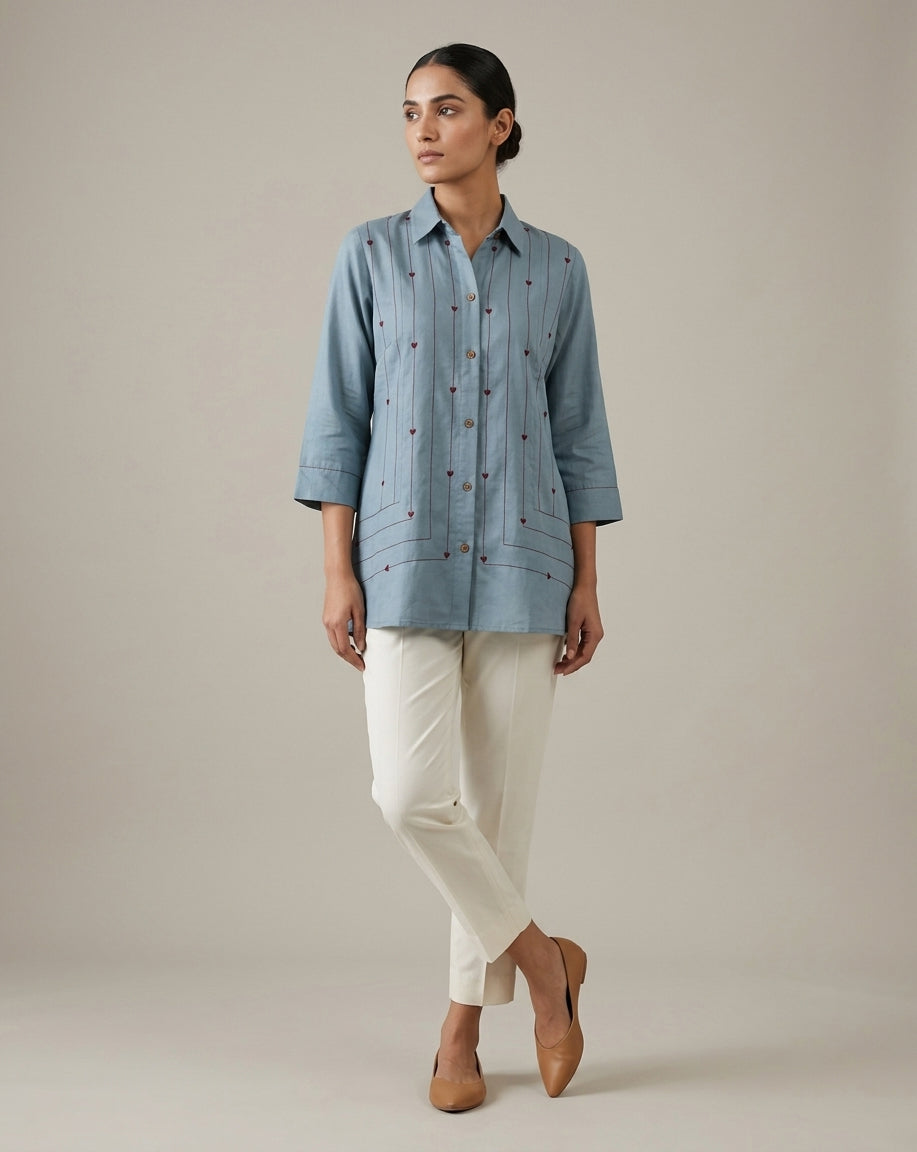 Dusty Blue "Whimsical" Heart-Embroidered Cotton Shirt