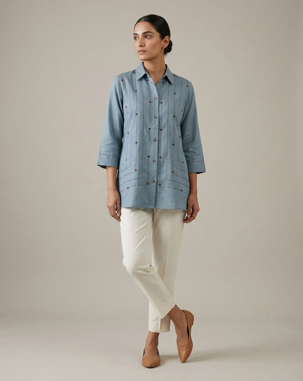 Dusty Blue "Whimsical" Heart-Embroidered Cotton Shirt