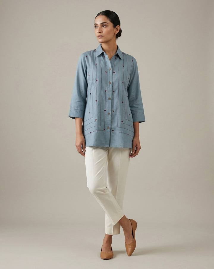 Dusty Blue "Whimsical" Heart-Embroidered Cotton Shirt