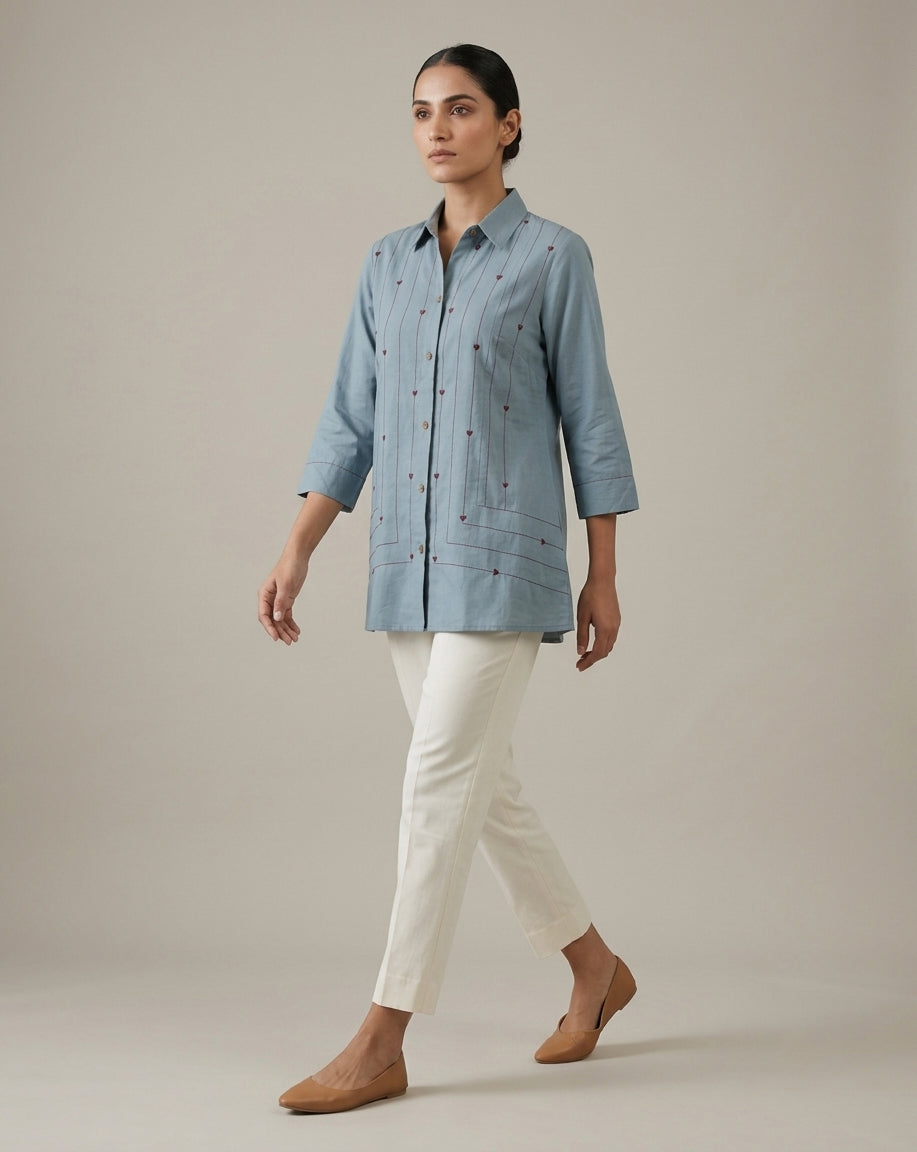 Dusty Blue "Whimsical" Heart-Embroidered Cotton Shirt