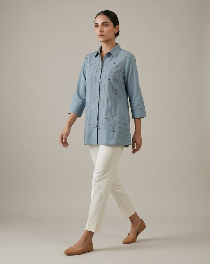 Dusty Blue "Whimsical" Heart-Embroidered Cotton Shirt