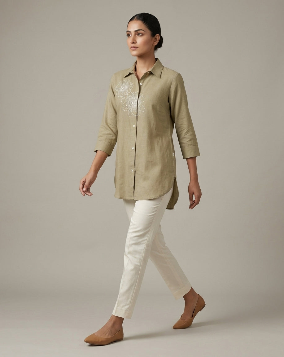 Olive Green "Botanical" Floral Embroidered Cotton Shirt
