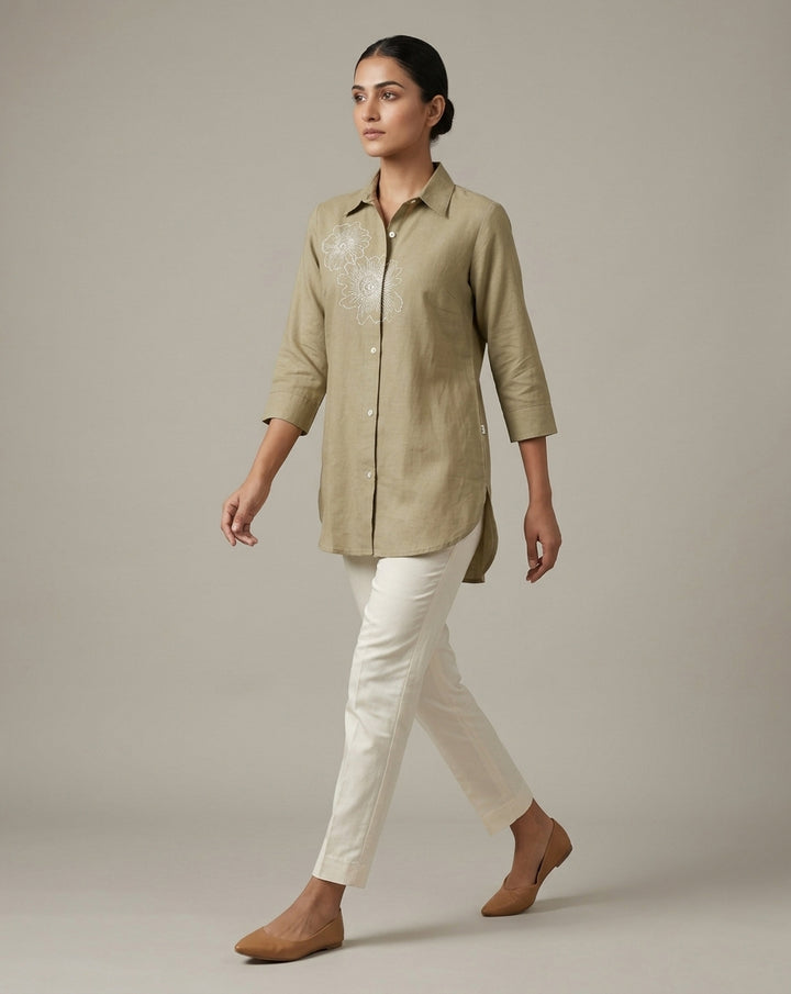 Olive Green "Botanical" Floral Embroidered Cotton Shirt