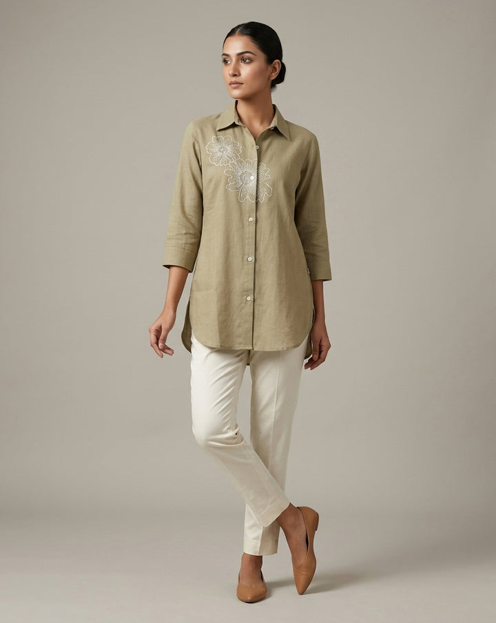 Olive Green "Botanical" Floral Embroidered Cotton Shirt
