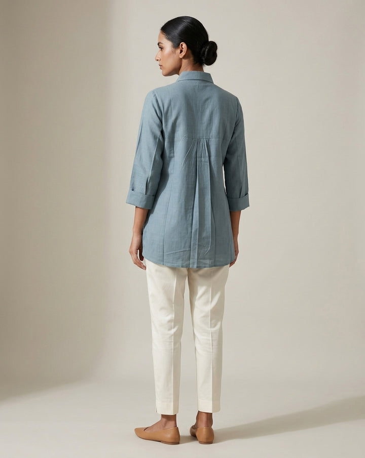 Dusty Blue "Whimsical" Heart-Embroidered Cotton Shirt