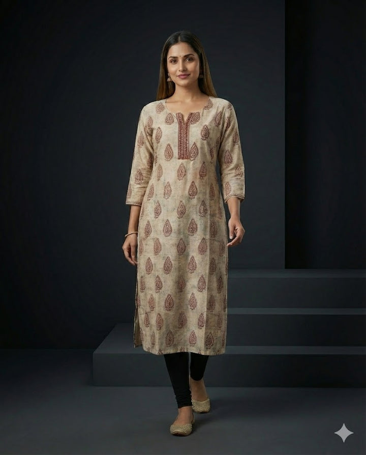 Fawn Paisley Printed Muslin Straight Kurti
