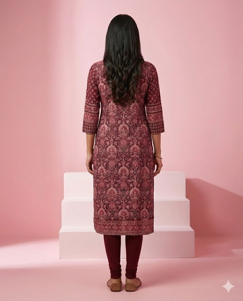 Wine Ethnic Printed Crepe Straight Kurti