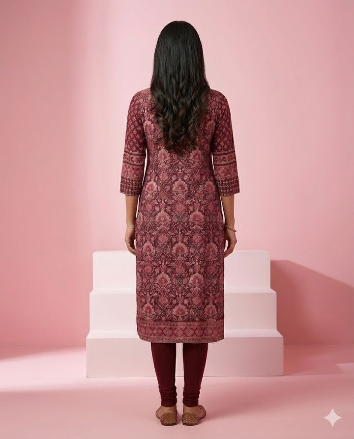 Wine Ethnic Printed Crepe Straight Kurti