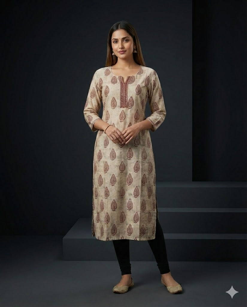 Fawn Paisley Printed Muslin Straight Kurti