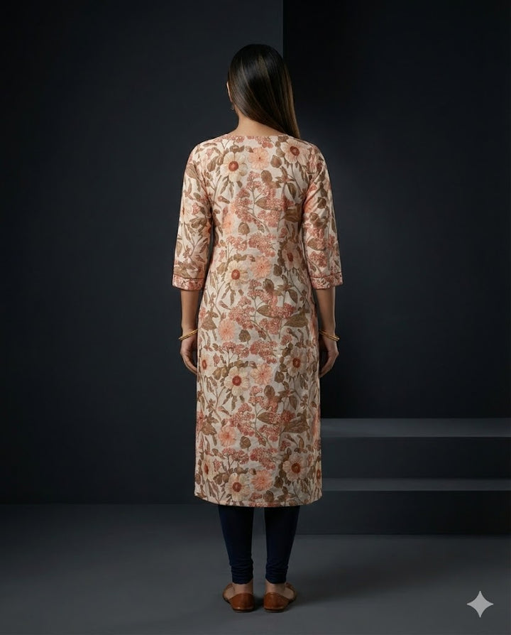 Peach Floral Printed Linen Straight Kurti