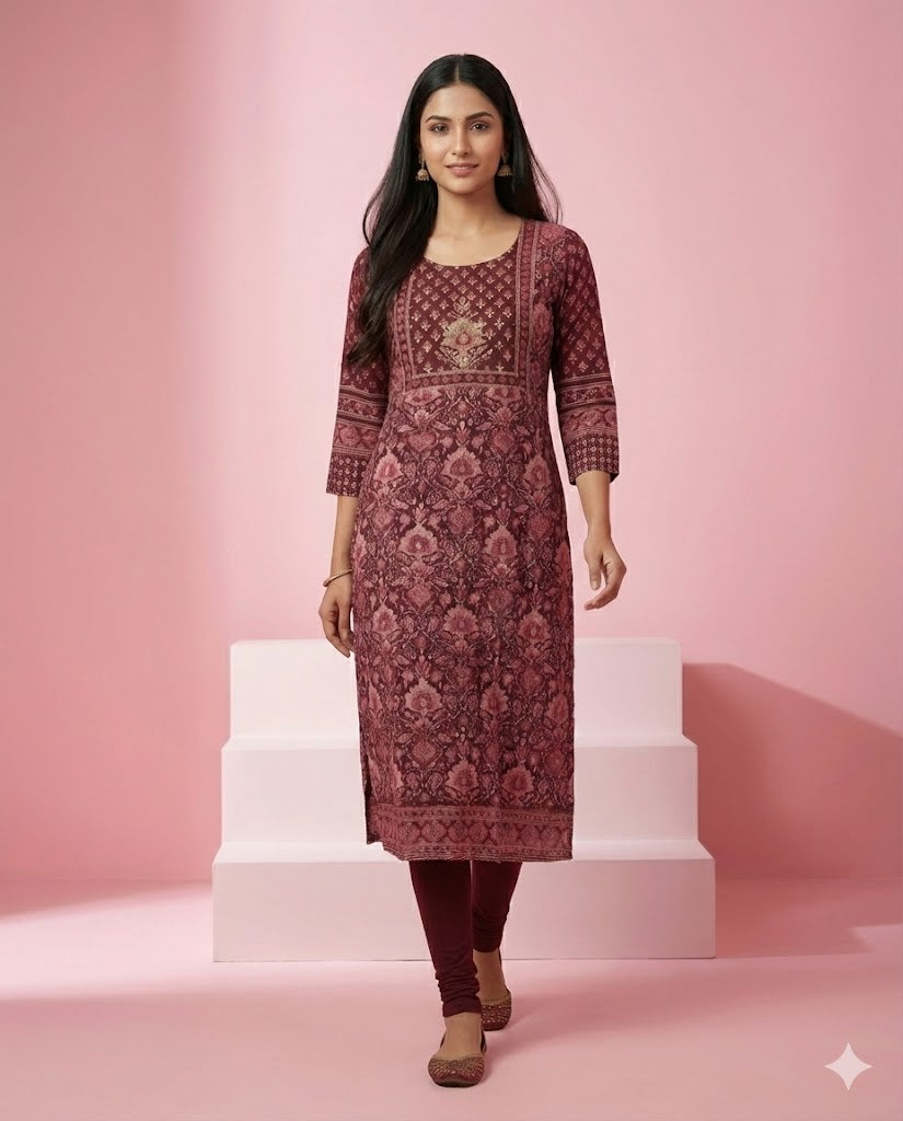 Wine Ethnic Printed Crepe Straight Kurti