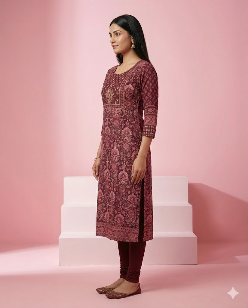 Wine Ethnic Printed Crepe Straight Kurti