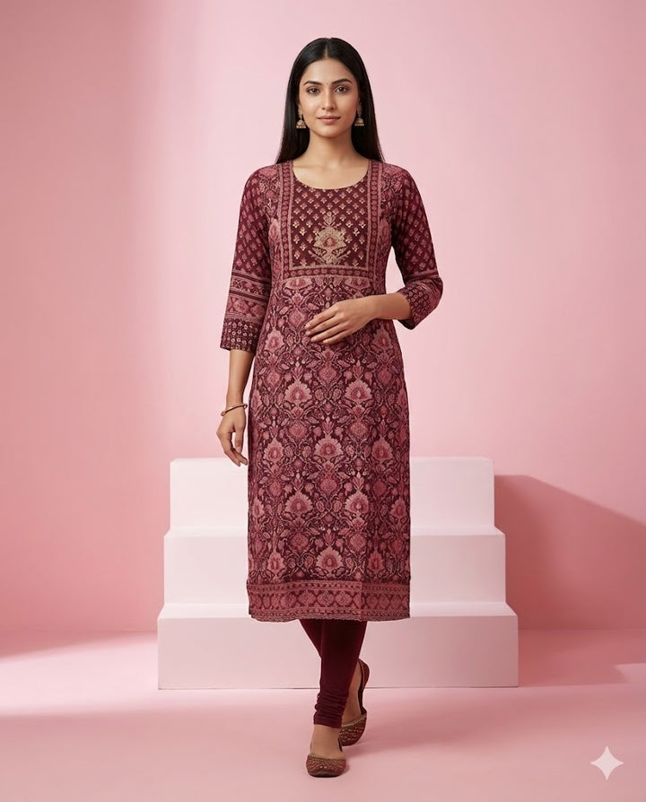Wine Ethnic Printed Crepe Straight Kurti