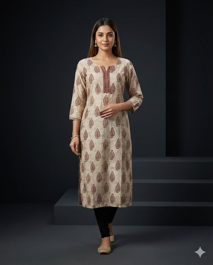 Fawn Paisley Printed Muslin Straight Kurti