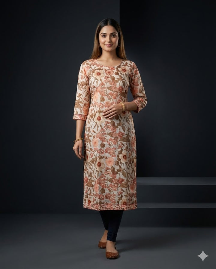 Peach Floral Printed Linen Straight Kurti