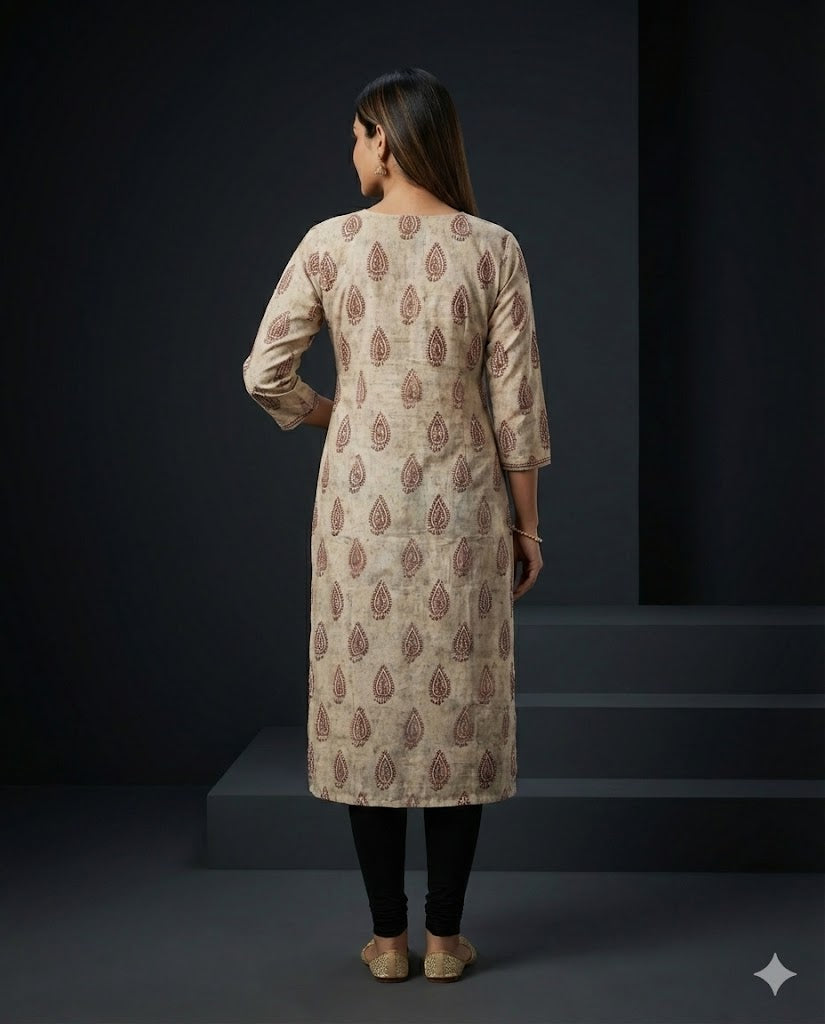 Fawn Paisley Printed Muslin Straight Kurti