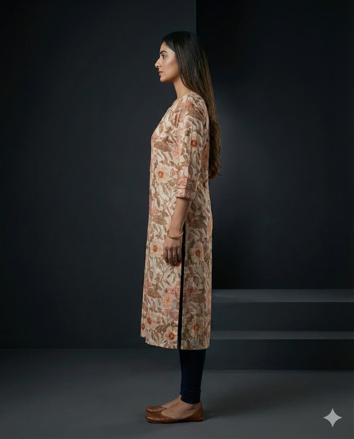 Peach Floral Printed Linen Straight Kurti