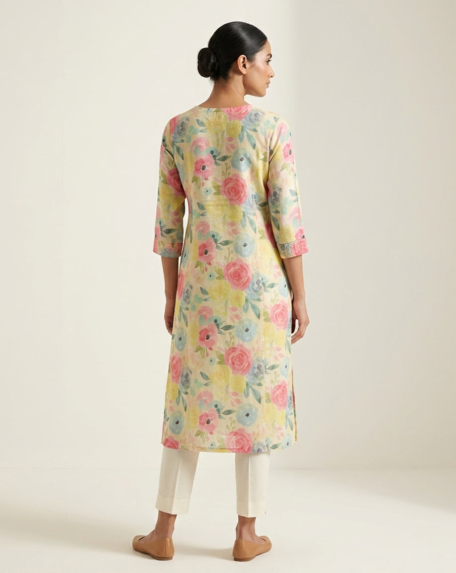 Yellow &amp; Pink "Pastel Blossom" Printed Cotton Kurta &amp; Pant Set