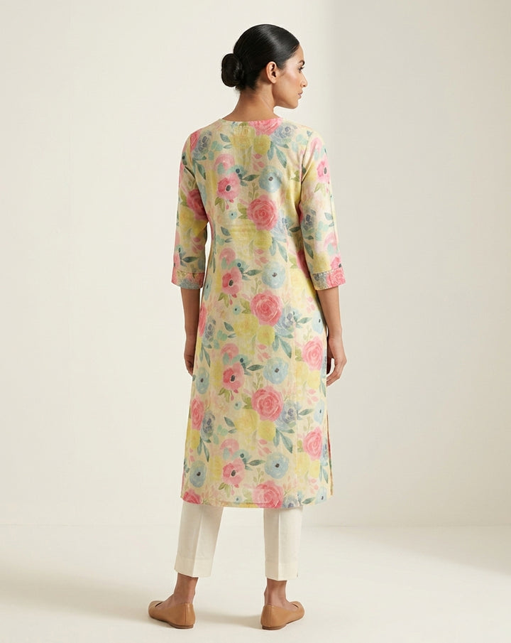 Yellow &amp; Pink "Pastel Blossom" Printed Cotton Kurta &amp; Pant Set