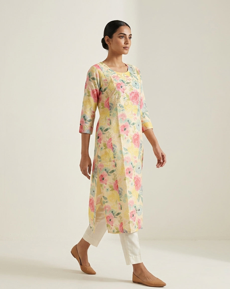 Yellow &amp; Pink "Pastel Blossom" Printed Cotton Kurta &amp; Pant Set