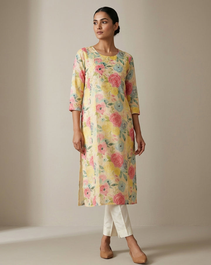 Yellow &amp; Pink "Pastel Blossom" Printed Cotton Kurta &amp; Pant Set