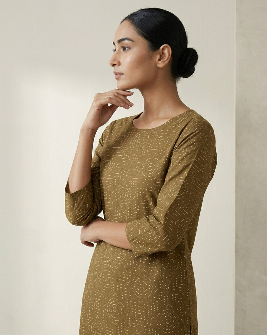Earth-Toned Geometric Print Straight Kurta
