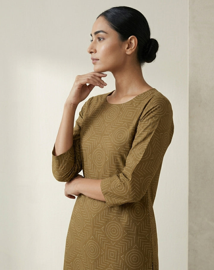 Earth-Toned Geometric Print Straight Kurta
