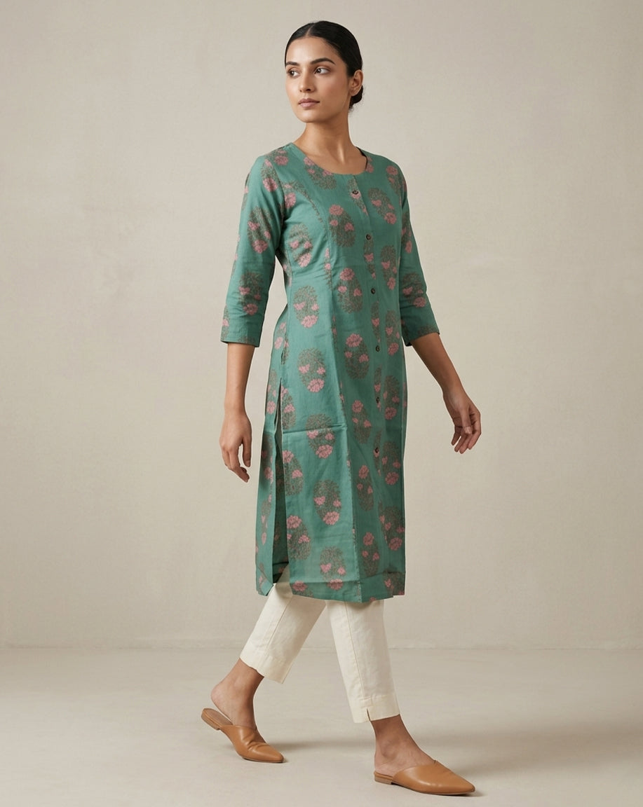 Sage Green Floral Print Button-Down Straight Kurta