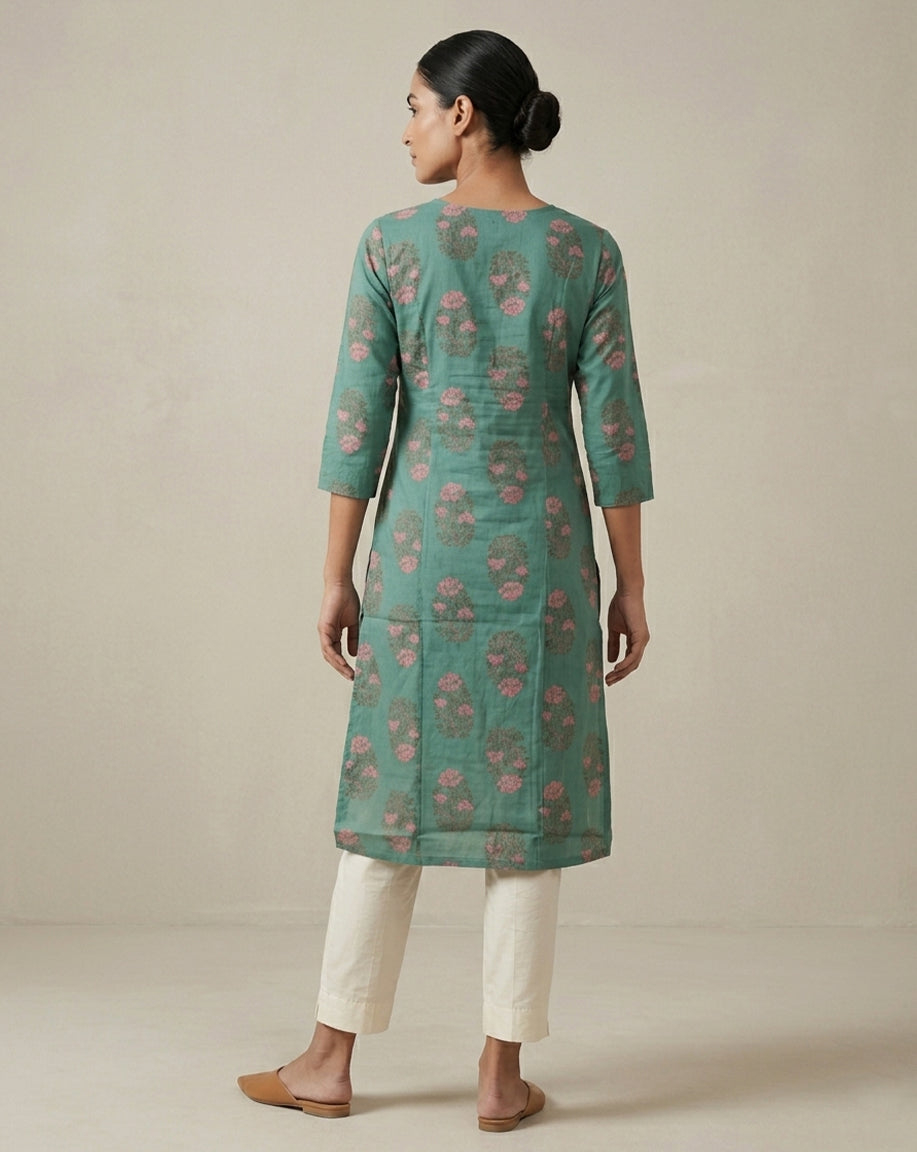Sage Green Floral Print Button-Down Straight Kurta