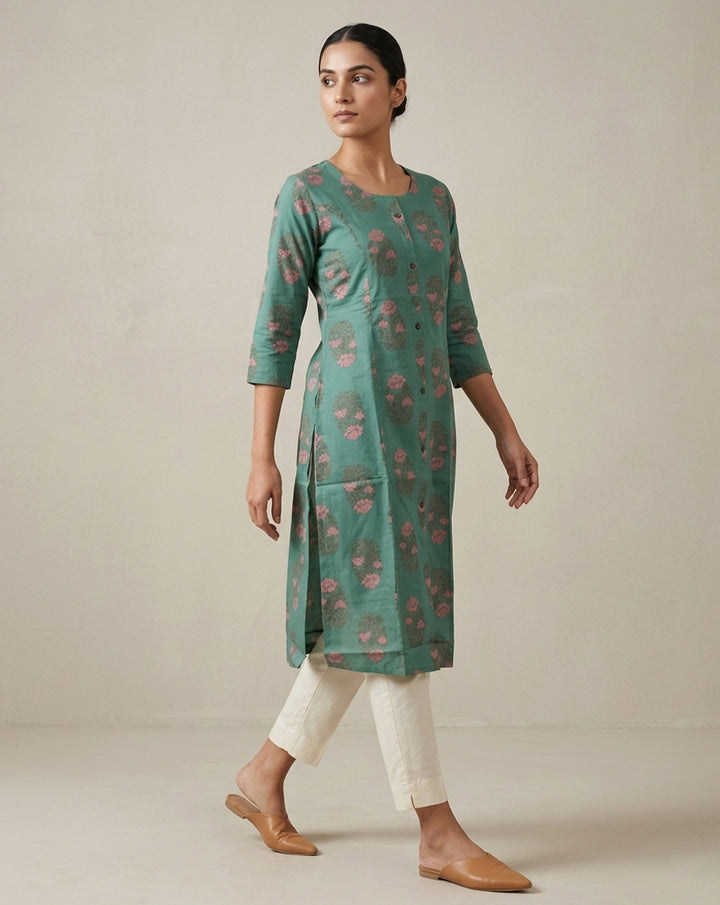 Sage Green Floral Print Button-Down Straight Kurta