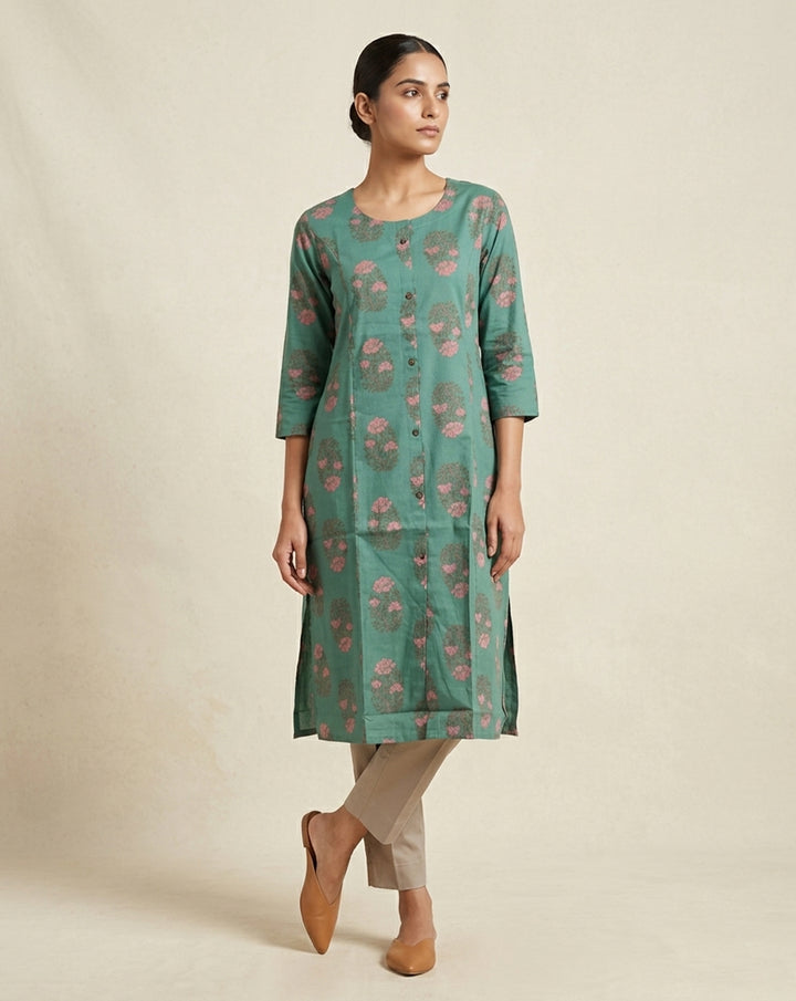 Sage Green Floral Print Button-Down Straight Kurta
