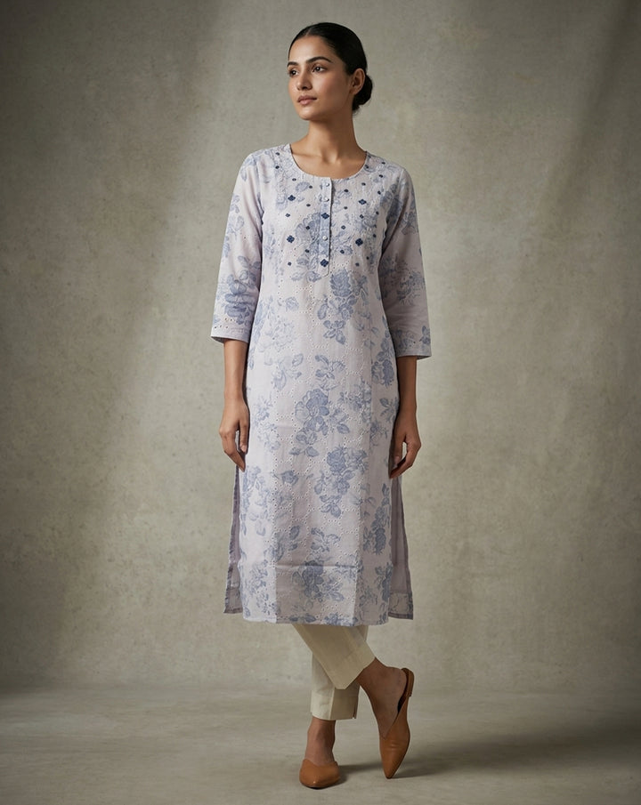 Lavender Floral Embroidered Straight Kurta