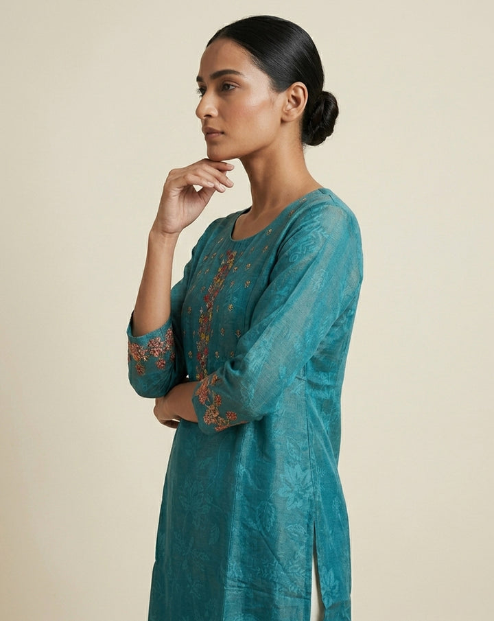 Teal Floral Embroidered Straight Kurta