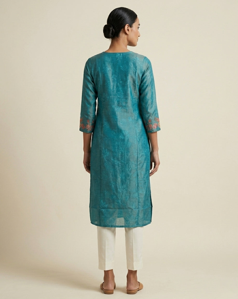 Teal Floral Embroidered Straight Kurta