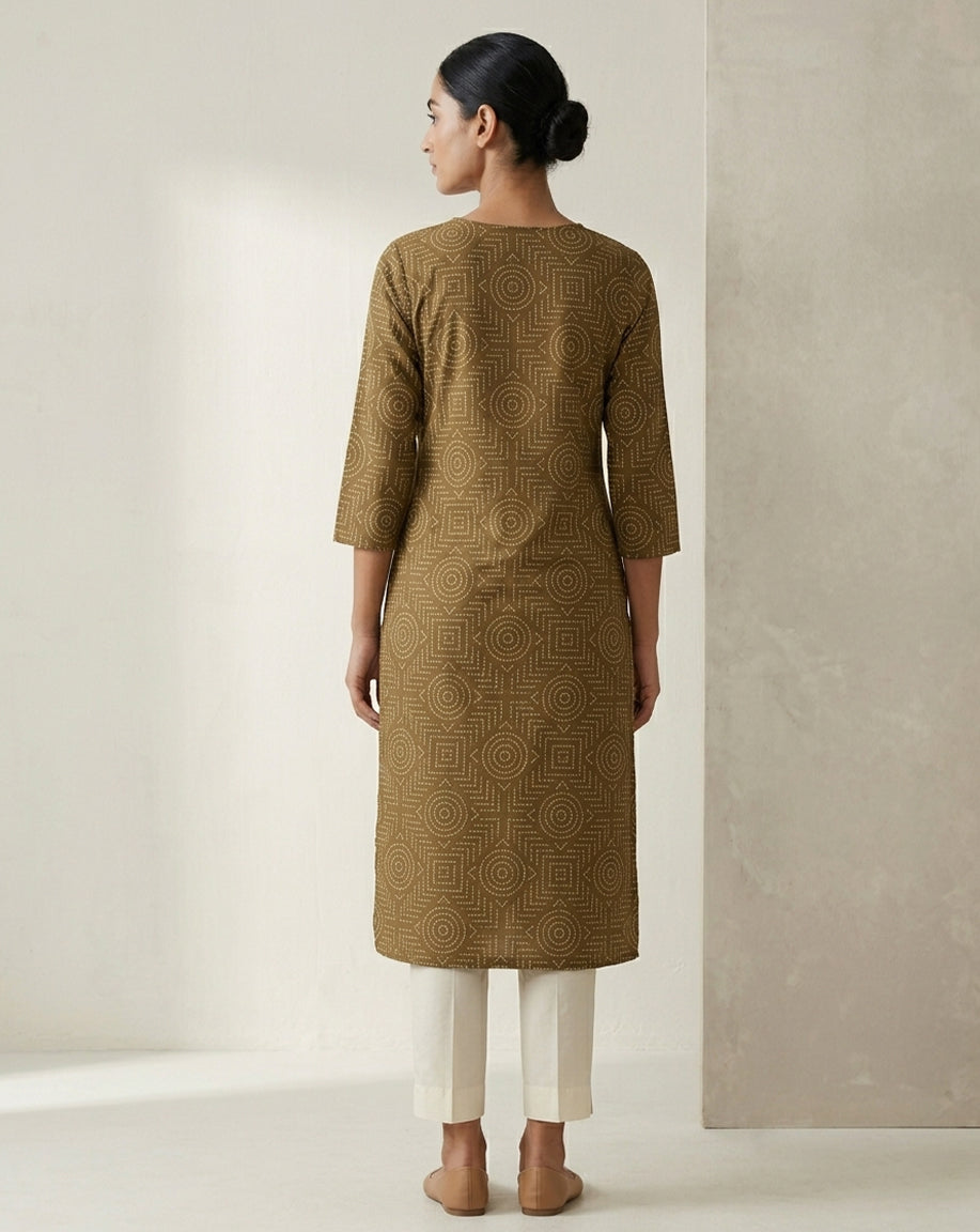 Earth-Toned Geometric Print Straight Kurta