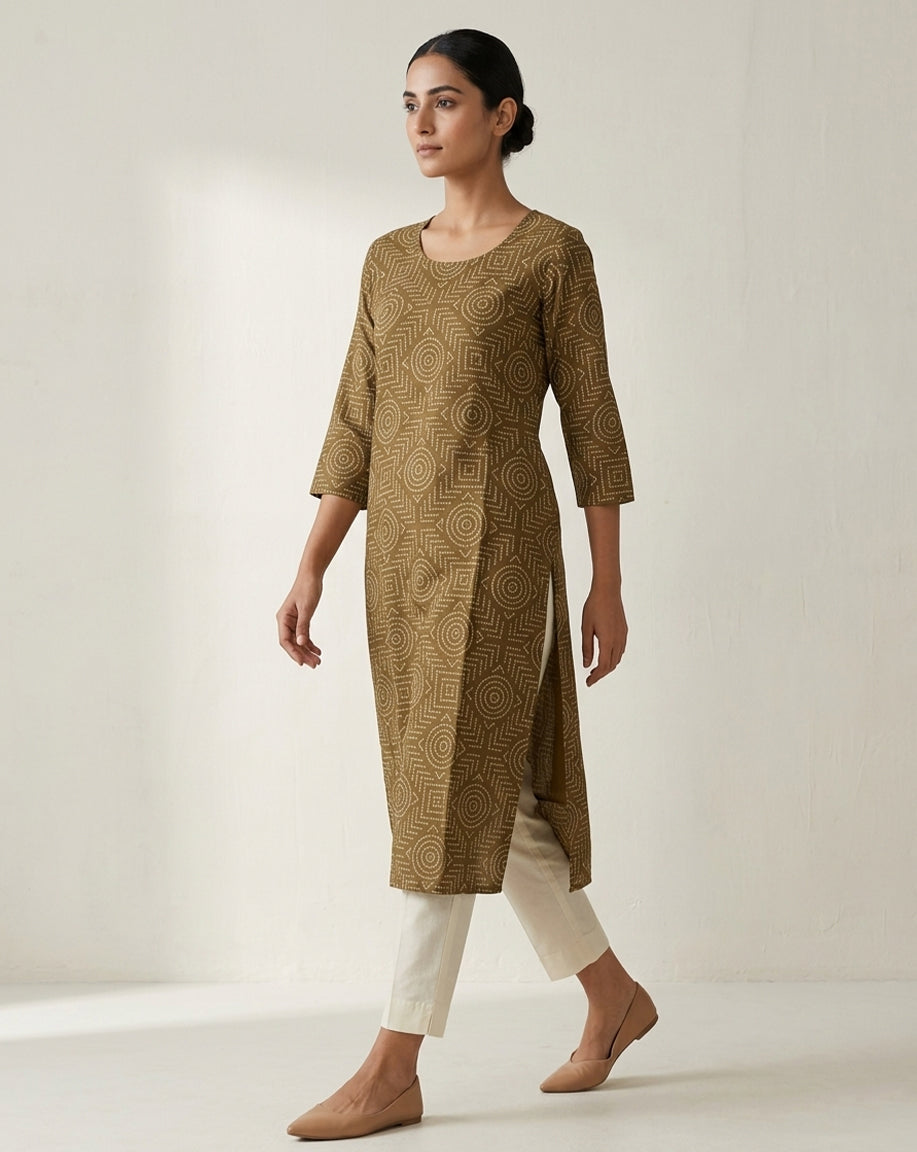 Earth-Toned Geometric Print Straight Kurta