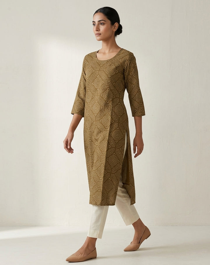 Earth-Toned Geometric Print Straight Kurta