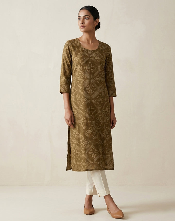 Earth-Toned Geometric Print Straight Kurta