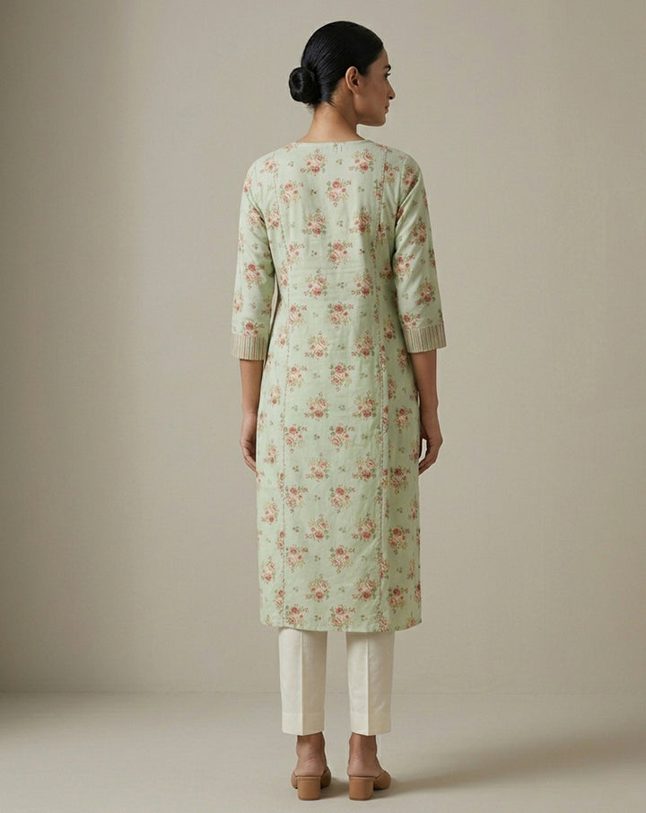 Vintage Floral Pastel Green Straight Kurta