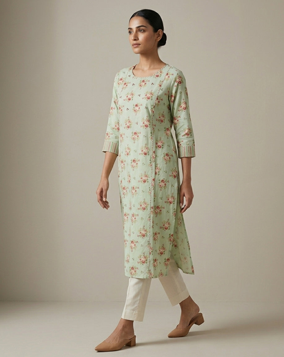 Vintage Floral Pastel Green Straight Kurta
