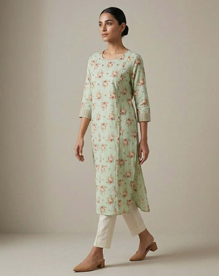 Vintage Floral Pastel Green Straight Kurta