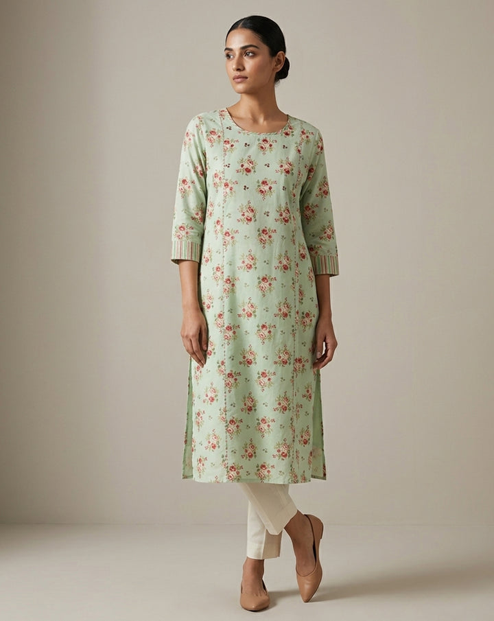 Vintage Floral Pastel Green Straight Kurta