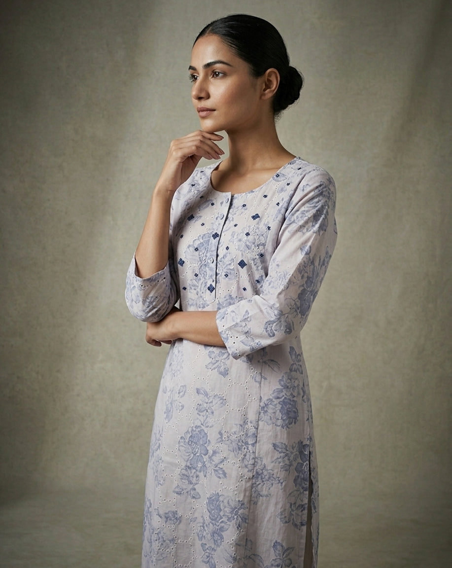 Lavender Floral Embroidered Straight Kurta