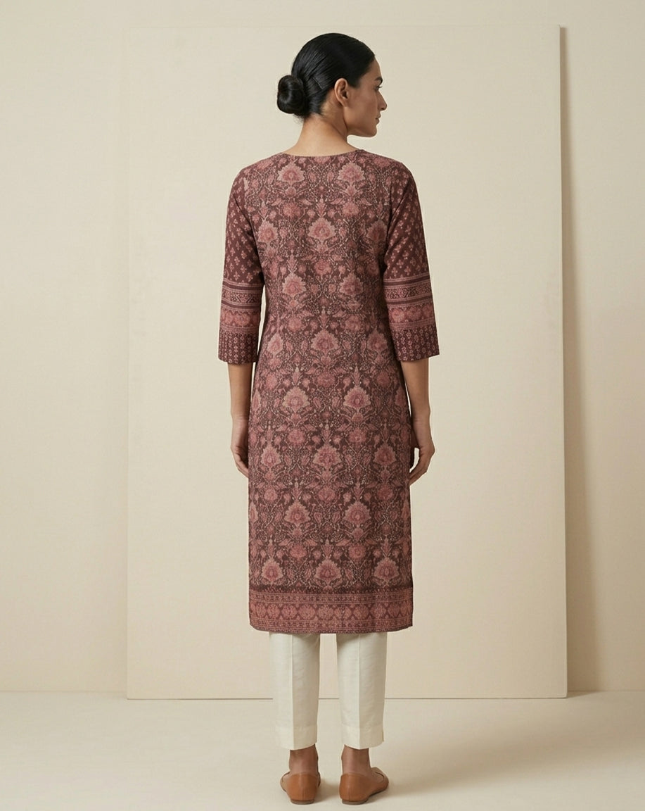 Rich Maroon Floral Print Embroidered Straight Kurta