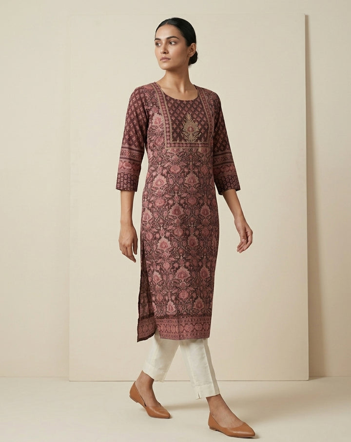 Rich Maroon Floral Print Embroidered Straight Kurta